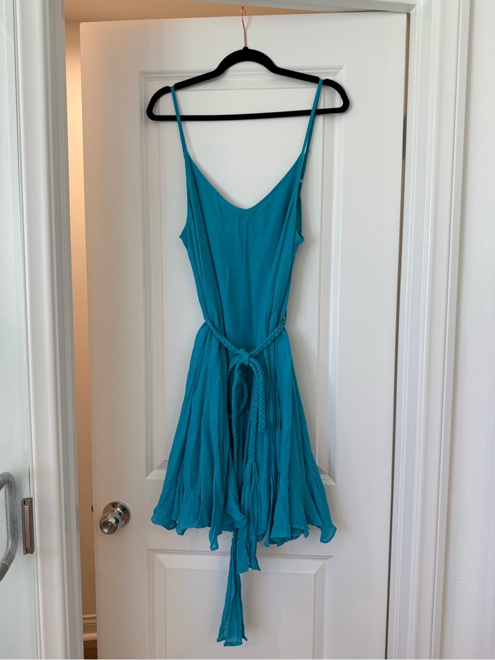 Pink Lily Teal Spaghetti-Strap Mini Dress with Braided Tie